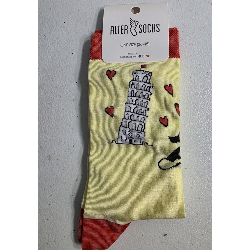 Alter Socks Italy's Leaning Tower Of Piza  Red Hearts Yellow Novelty Socks 36-45